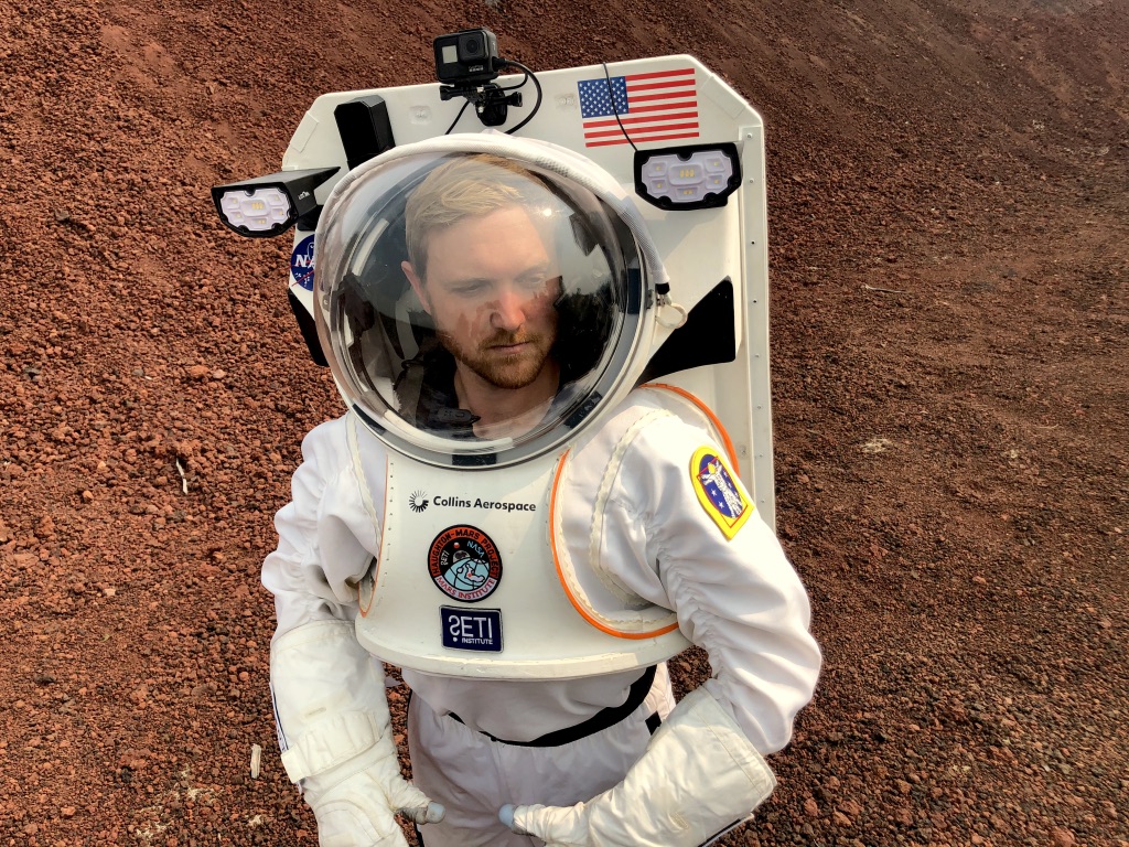 spacesuit engineer Jake Rohrig in the spacesuit