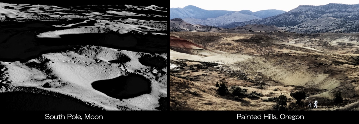 South Pole region of the Moon versus the terrain in Painted Hills, Oregon.