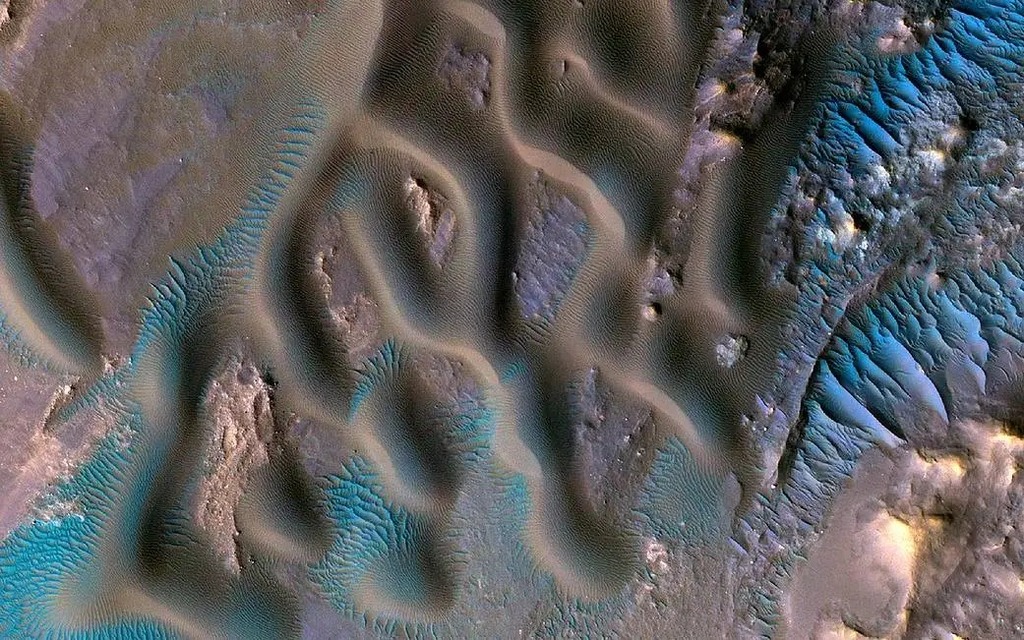 snakeskin-like terrain of mars. Blue and brown ridges.