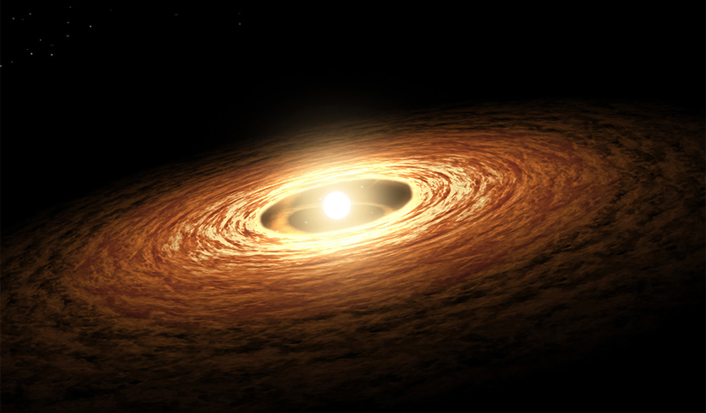 An artist's illustration of a young, sun-like star encircled by its disk of gas and dust.