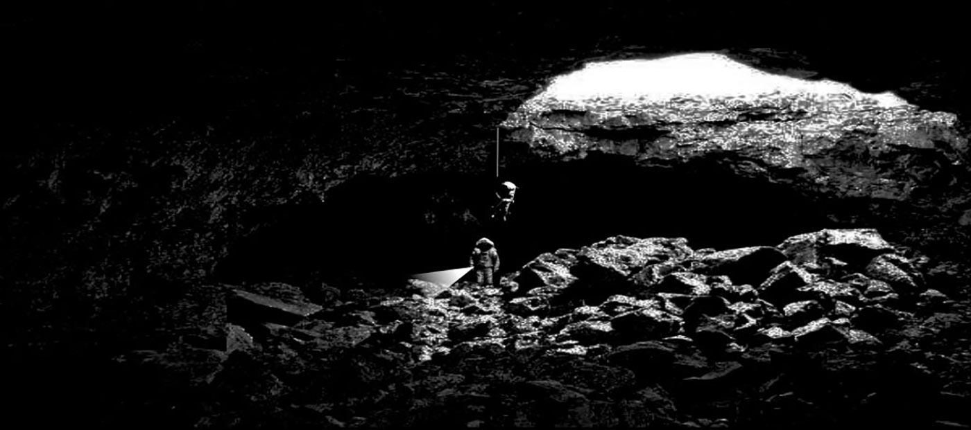 Illustration of an Underground Skylight - what lava tubes might look like on the moon.
