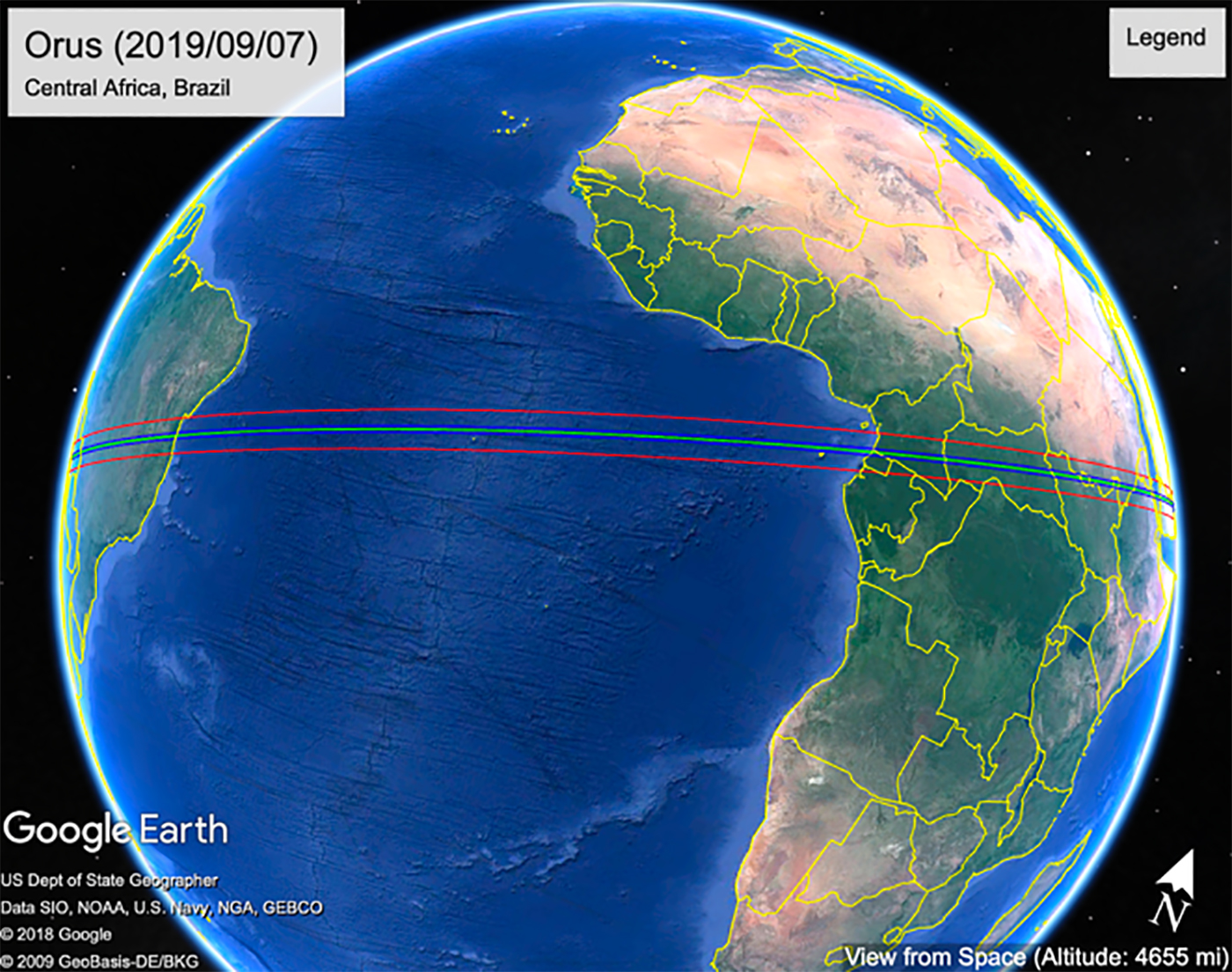 Google Earth Screenshot of Ours 9-7-2019 around Central Africa and Brazil