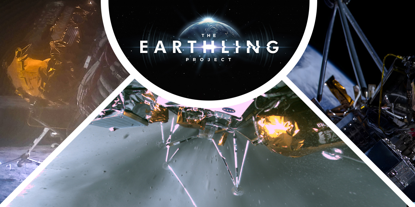 The Earthling Project logo with images of Odie's lunar landing