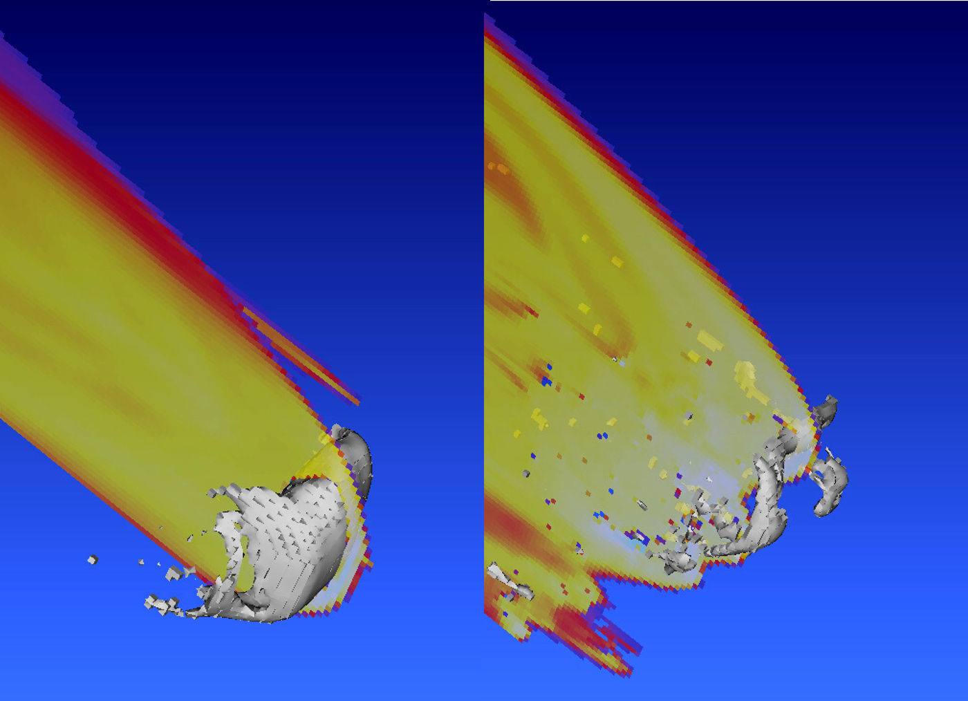 A computer simulation of the melting and final breakup of asteroid 2008 TC3 as it entered Earth's atmosphere. Photo: D. Robertson, NASA Ames Research Center.