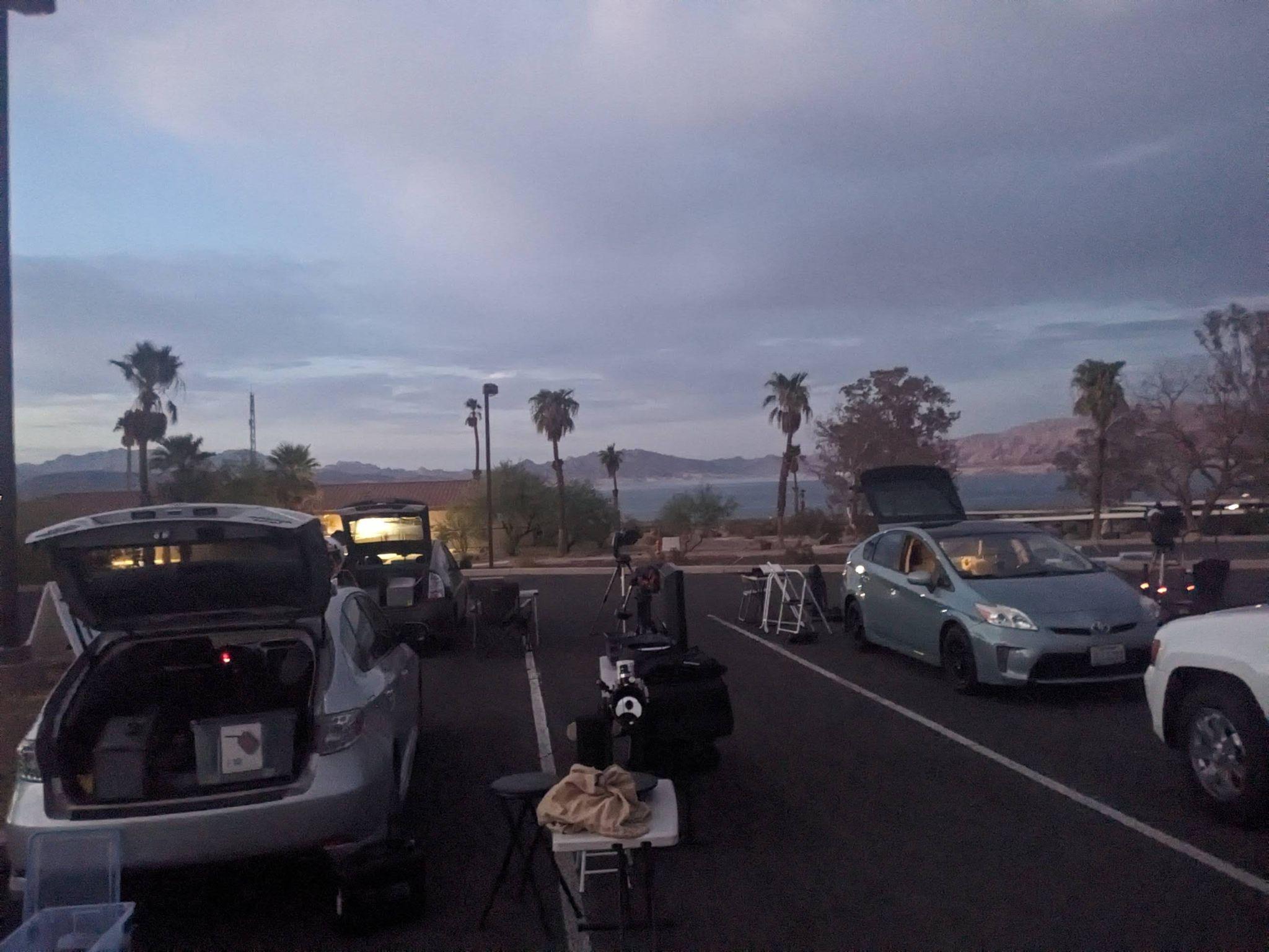 view from the parking lot with equipment being unloaded