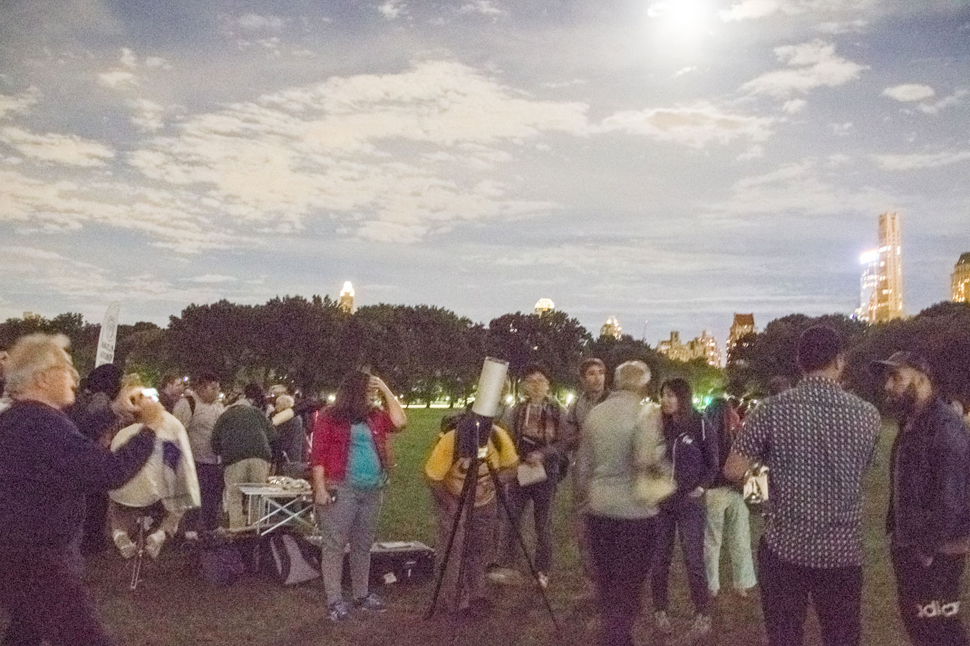 Crowd looking through the telescope at park.