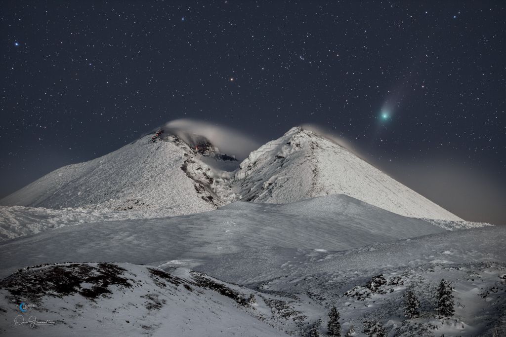 Comet ZTF Over Snowy Mount Etna
