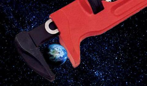 Image of a pipe wrench being used on the planet Earth in Space