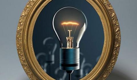 Image of a Light Bulb in front of a mirror.