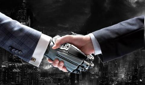 image of a robot and human shaking hands while wearing work suits.