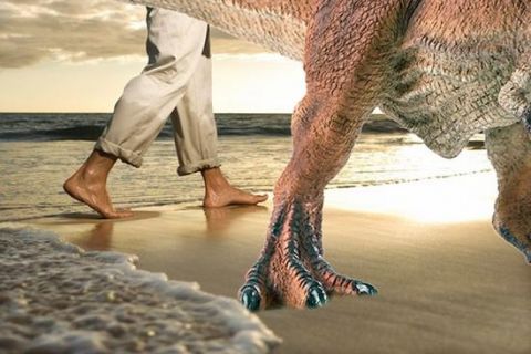 Dinosaur walking next to a human by the beach.