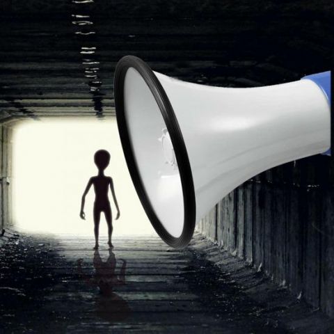 a giant megaphone pointing at an alien figure.