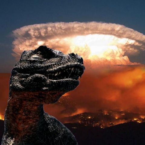 Image of a Dinosaur in front of an explosion