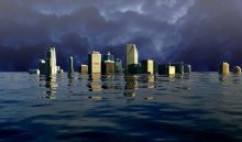Image of a city with skyscrapers sinking in water
