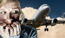 Image of a woman looking scared next to an airplane