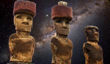 Stone heads at easter island in front of a space background.
