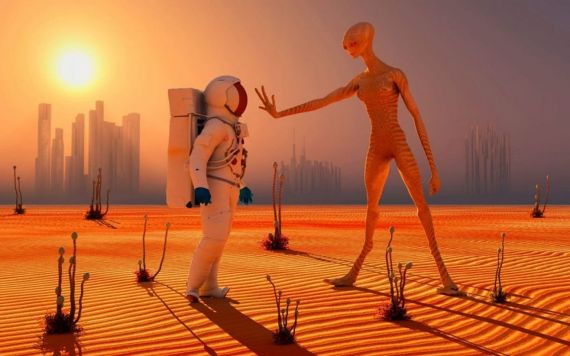 Illustration of an tall alien interacting with a human astronaut on a foreign red planet