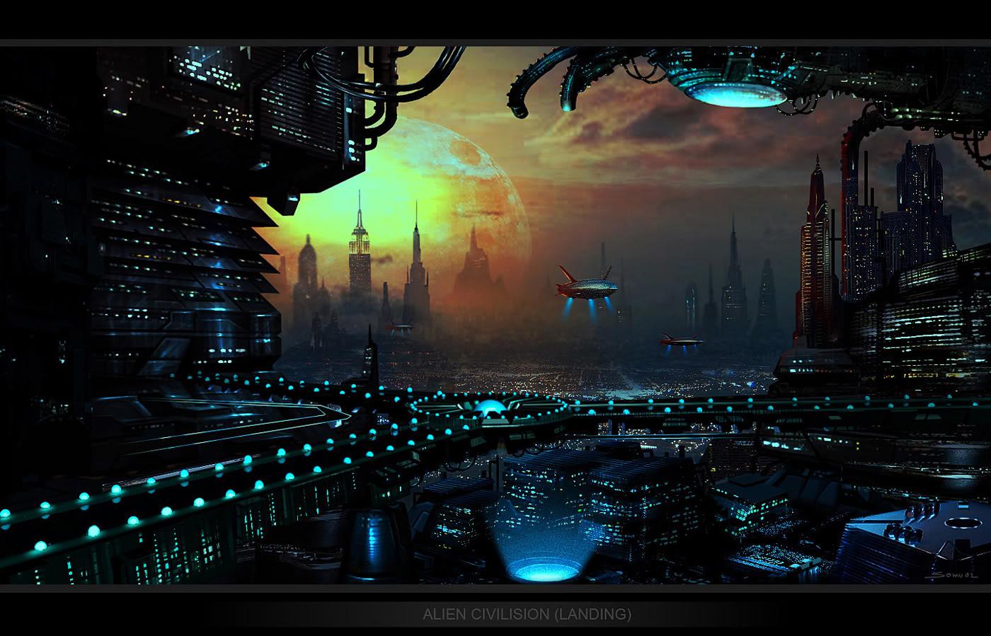 Illustration of an Alien civilization over an unknown but technologically advanced planet