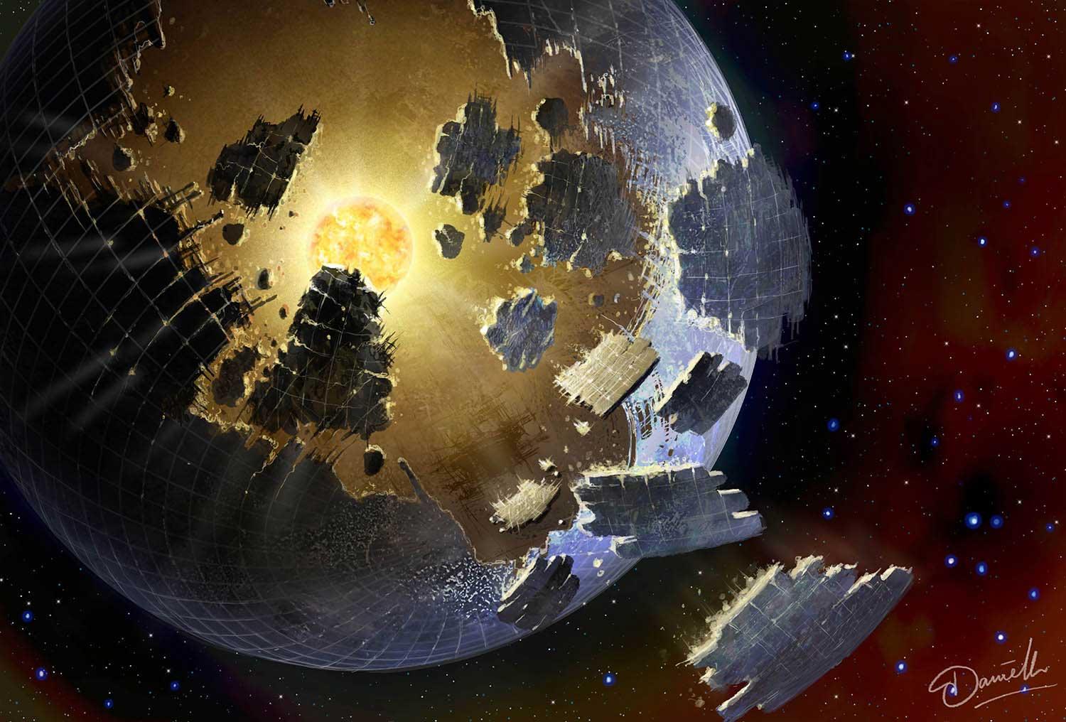 Illustration of a Dyson Sphere breaking into pieces