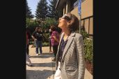 Anne Dimock Watching the Eclipse outside the SETI Institute. Photo Credit: Anna Dimock.